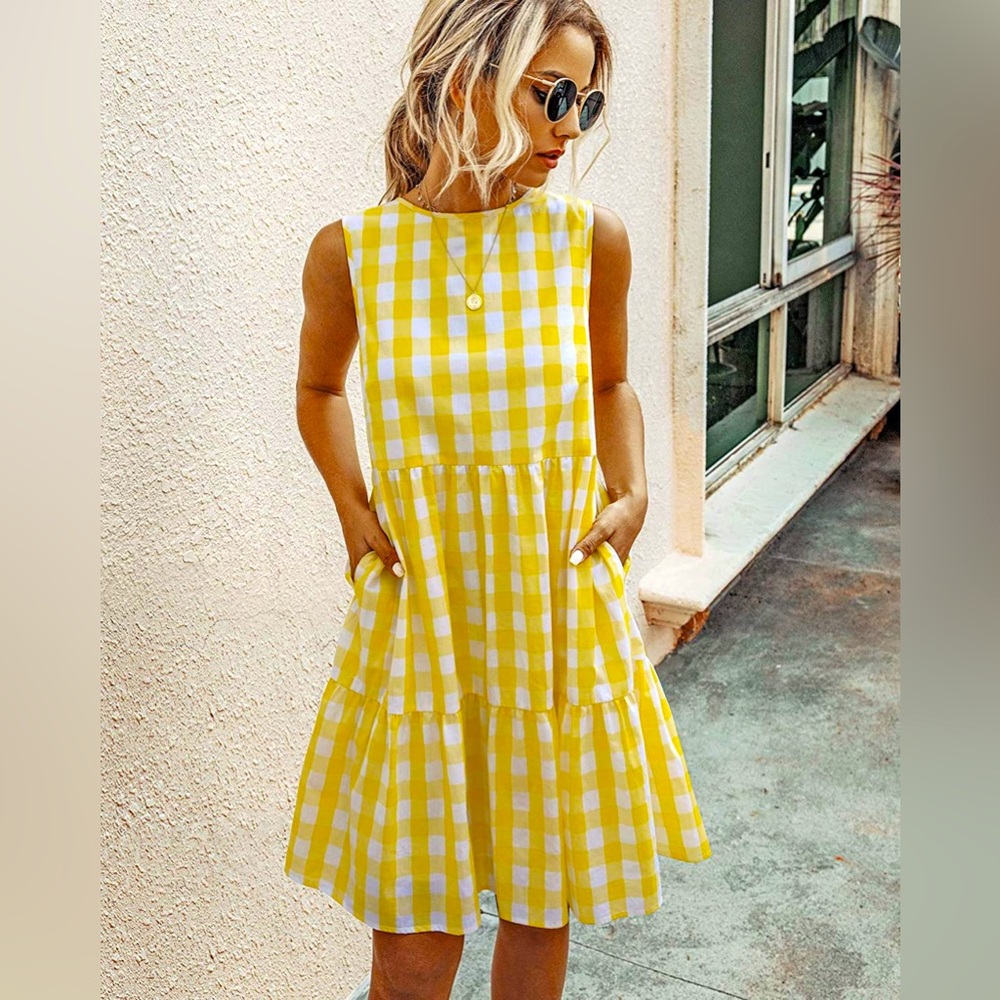 Pretty Garden yellow Plaid dress NWT - Picture 1 of 8